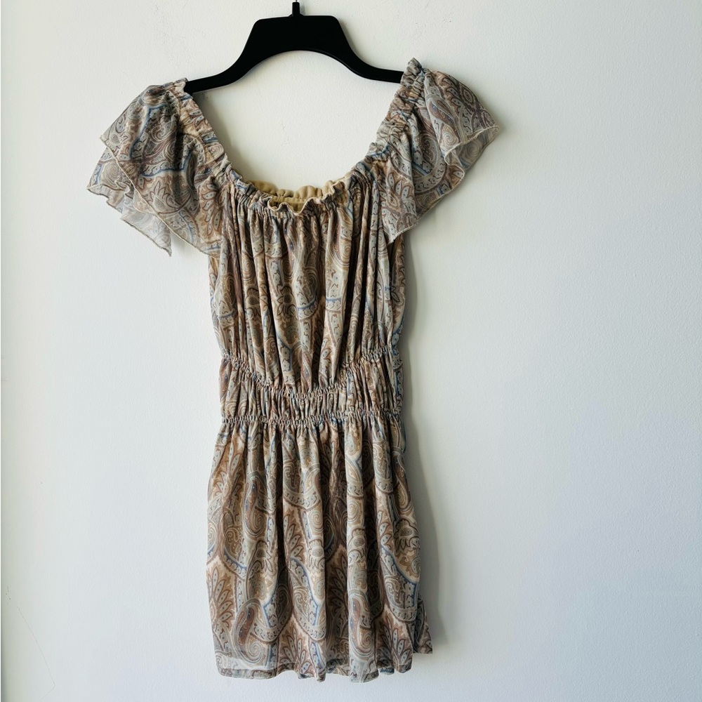 VTG Renee Bardot Tunic Top Paisley Beige Blue Off Shoulder Mesh Womens M Fairy